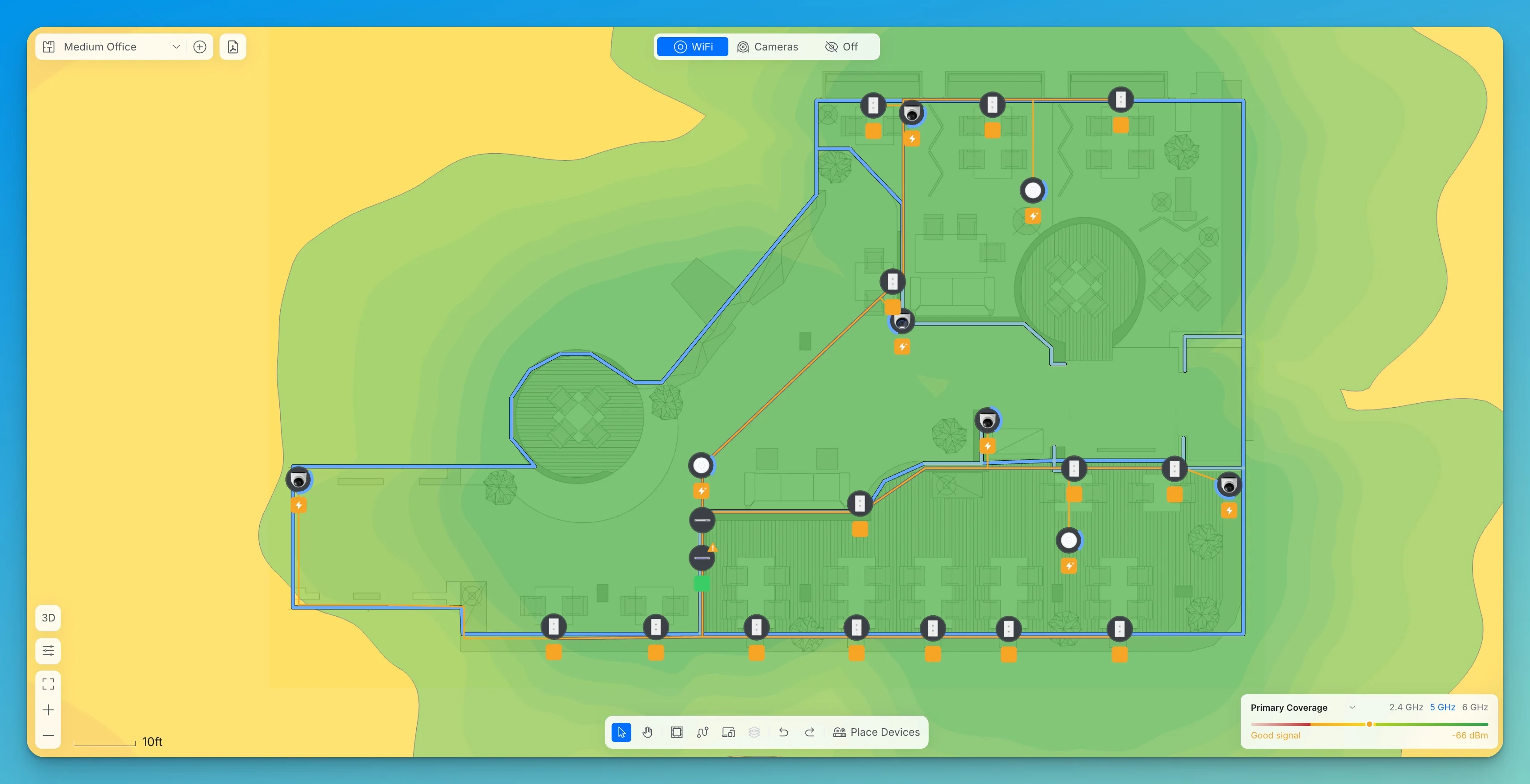Professional WiFi network floor plan with coverage heat map